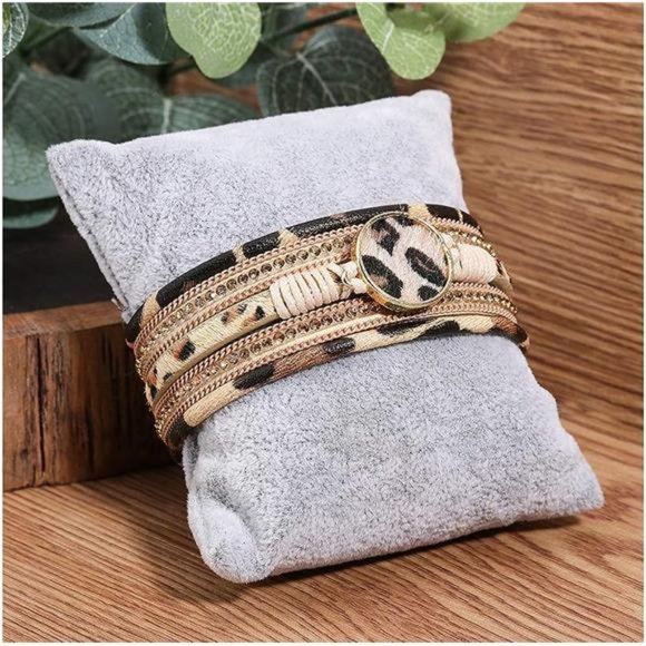 Leopard Bracelet for Women, Boho Leather Wrap Multi-Layer Pearl Crystal Bracelet - Picture 5 of 6